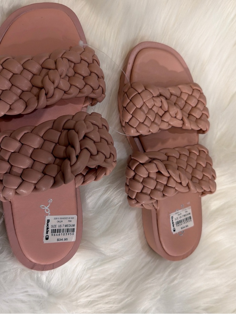 Buckle Braided Double-Strap Slide Sandals in Mauve